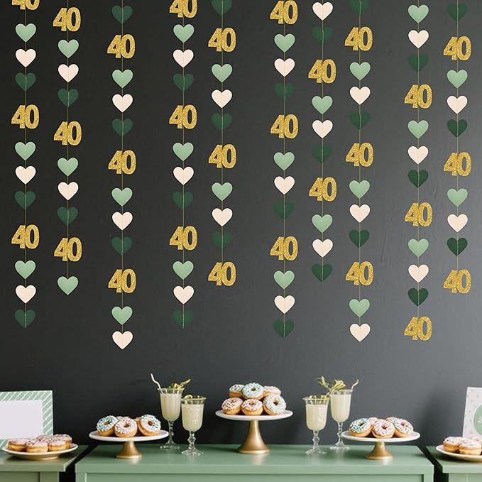 Sage Green Gold 40th Birthday Decorations Sage Green Gold Heart Garland Streamer Banner Backdrop for Women Happy 40th Birthday Vintage 1986 Cheers to 40 Years Old Fabulous Anniversary Party Supplies