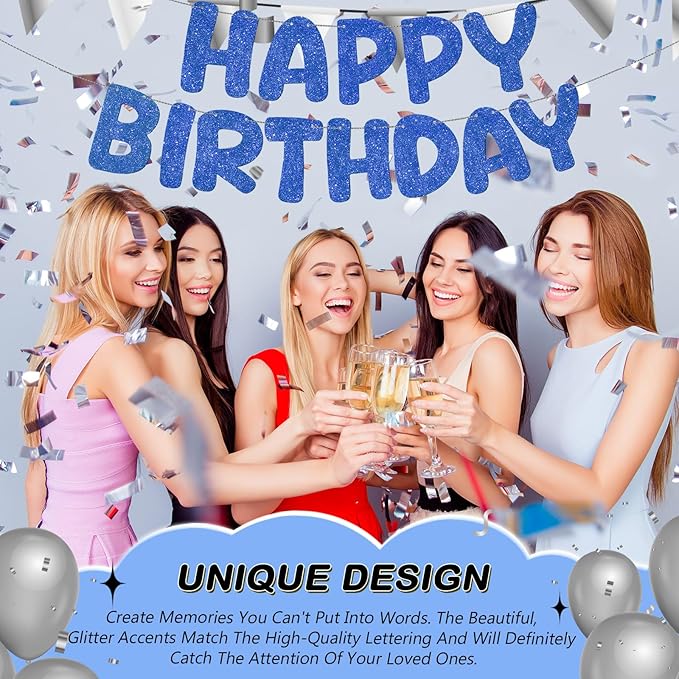 Fulmoon Glitter Pre Strung Happy Birthday Banner No DIY Party Decorations Happy Birthday Sign Decor for Men Women Boy Girls Backdrop(Navy Blue)