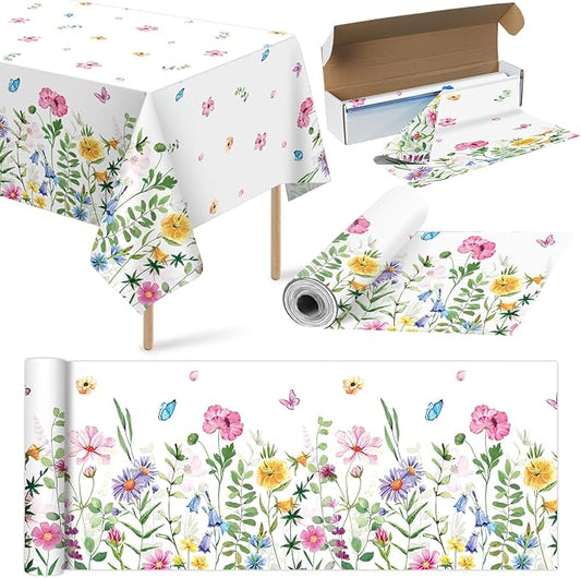 4.5x100 Feet Roll of Spring Floral Plastic Tablecloth,Pink Purple Blue Flower Butterfly Disposable Table Cover Summer Spring Photography Backdrop for Holiday Weeding Birthday Tea Party Decorations