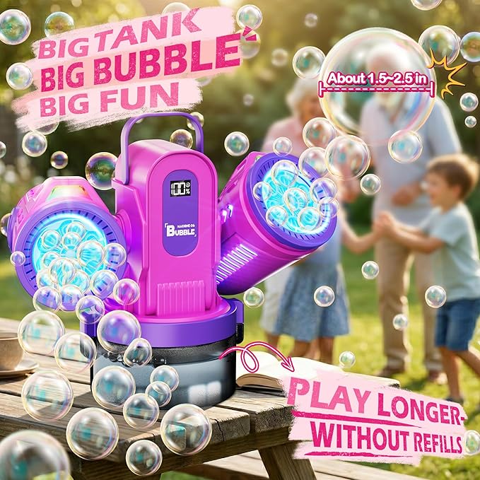 Dual-Engine Bubble Machine with Auto Rotation & RGB Lights & Remote Control,1800mA Type-C Rechargeable,700mL Tank,Bubble Maker for Kids, Party, Wedding, Backyard Outdoor Toy