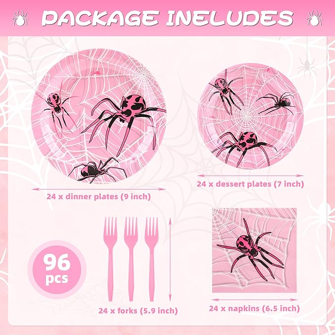 96 Pcs Pink Ghost Spider Party Supplies Disposable Tableware Set Serve 24 Guests Include Spider Web Paper Plates and Napkins Plastic Forks for Birthday Party Baby Shower Halloween Decorations(Pink)