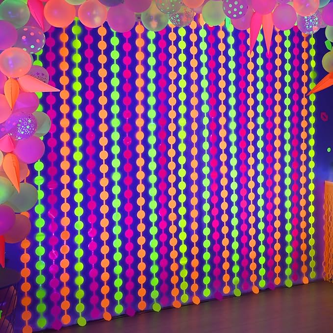 Mega-L Glow In The Dark Party Supplies, 2 Pack Neon Round Party Decorations 3.3 x 6.6 ft Fuchsia, Yellow and Orange Tinsel Foil Fringe Curtains, Photo Booth Prop Backdrop Streamer New Year Party Decor
