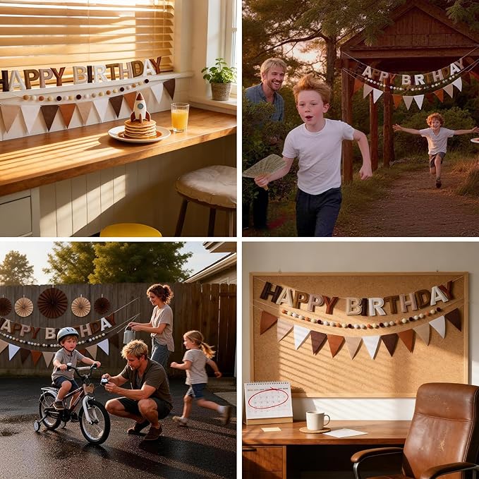 Pre-Strung Happy Birthday Banner, Reusable Felt Birthday Party Decorations, 3D Effect Happy Birthday Sign with Felt Ball Garland, Pennant Flag, Hanging Paper Fans for Men Women Boy Girls (Brown)