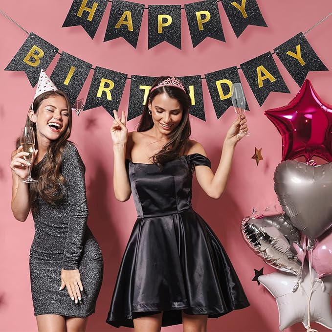 Clabby Glitter Black Happy Birthday Banner with Shiny Letters Happy Birthday Shiny Glitter Hanging Signs Bunting for Party Supplies Hanging Backdrop Decoration