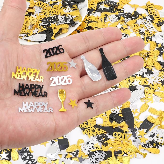 HOWAF 2026 New Year Party Decoration Supplies, New Years Confetti Decoration- Black, Gold, Silver Wine Bottle Glitter Sequins Star Foil Confetti for Happy New Year Eve Decorations Table Scatters