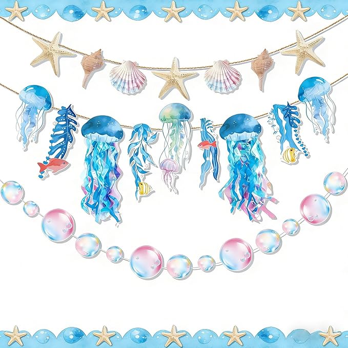 SUNBEAUTY Starfish Seashell Banner Under The Sea Party Decoration Jellyfish Hanging Garland 9.8ft Blue Bubble Garlands for Ocean Beach Theme Birthday Decor Mermaid Summer Party Decor