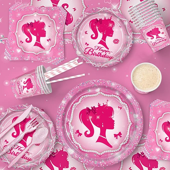161CT Pink Girl Babe Happy Birthday Party Supplies Babe Head Paper Plates Cups Straw Napkins Spoon Fork knives Tablecloth Hot Pink Girl Party Decorations Tableware for 20 Guests for Bday Baby Shower