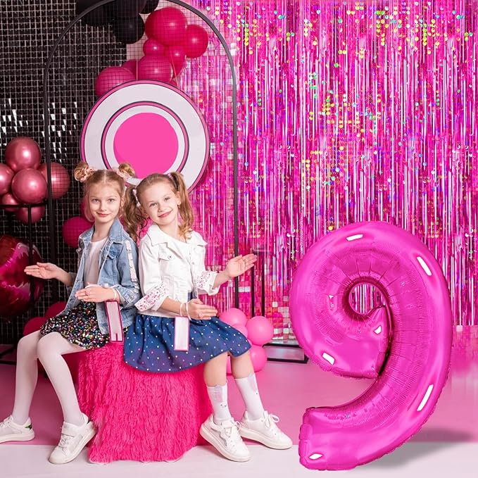 4 Packs Hot Pink Foil Fringe Curtain, Pink Glitter Metallic Tinsel Backdrop for Birthday, Wedding, Baby Shower, Bachelorette Cowgirl Princess Party Decorations Supplies