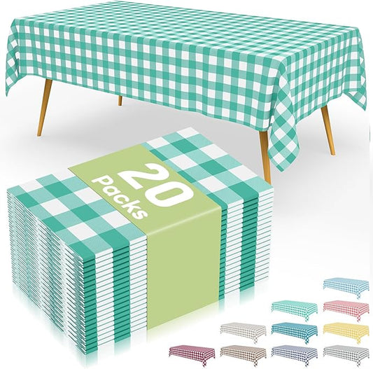 Smiry 20 Packs Gingham Disposable Table Cloth, 54 x 108 Inch Waterproof Plastic Tablecloth, Rectangle Teal and White Checkered Table Covers for Picnic, Birthday, Party