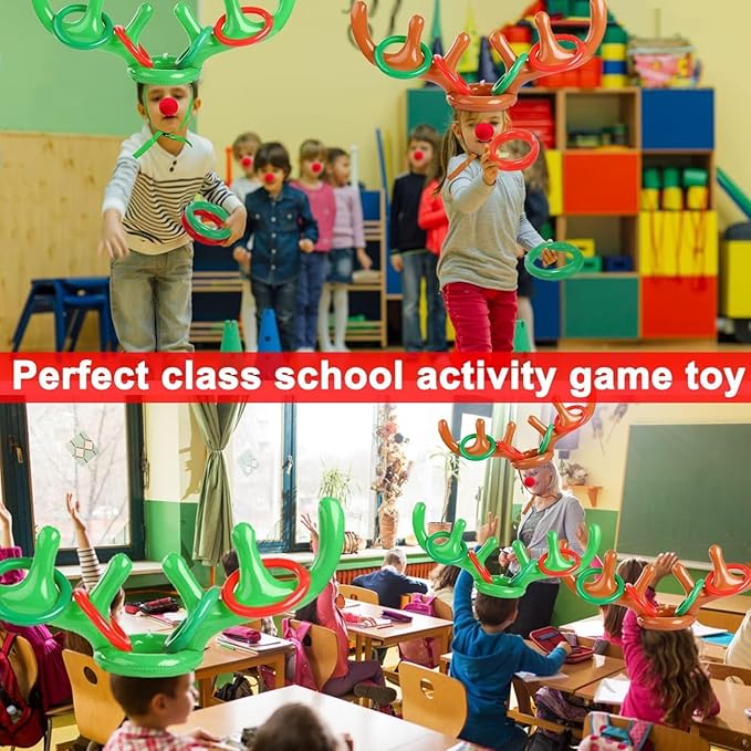 Christmas Inflatable Reindeer Antler Ring Toss Game Xmas Antler Heandband Toys Christmas Party Game Supplies for School Family Team Game Indoor Outdoor