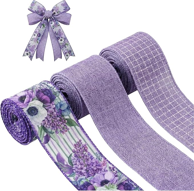 Spring Summer Purple Floral Wired Ribbon, 2.5 InchX 15 Yards Burlap Ribbon for Wreath, Bows, Gift Wrapping, Mother's Day, Wedding & DIY Craft (Purple)
