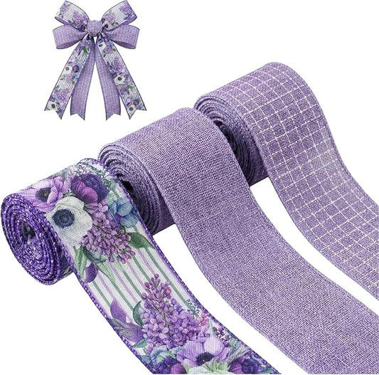 Spring Summer Purple Floral Wired Ribbon, 2.5 InchX 15 Yards Burlap Ribbon for Wreath, Bows, Gift Wrapping, Mother's Day, Wedding & DIY Craft (Purple)