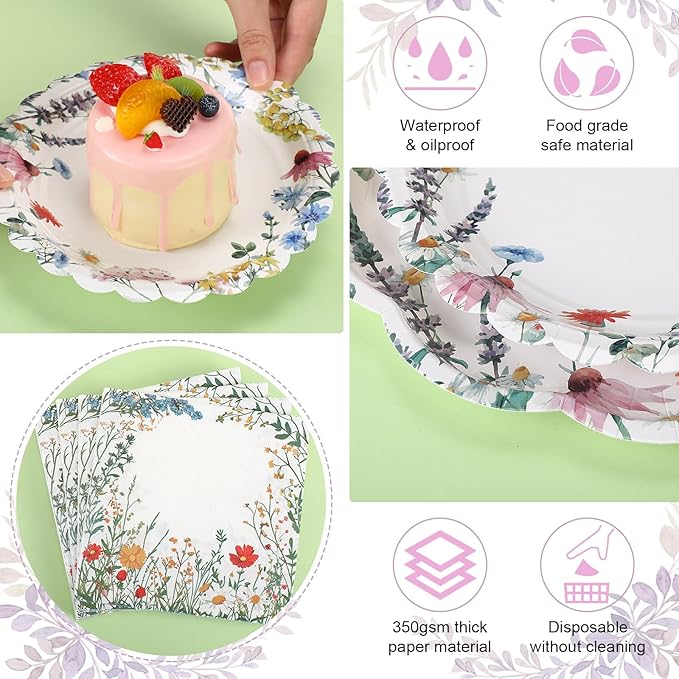 144 Pcs 48 Guests Wildflower Party Plates and Napkins Wildflower Paper Plates Napkins Wild Flower Floral Disposable Tableware for Baby Bridal Shower Wedding Birthday Garden Tea Party Supplies
