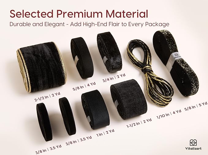 Vitalizart Black Velvet Ribbon 9 Rolls with Gift Tags Luxury Textured Ribbon for Christmas Gift Wrapping Tree Ornaments Bows Wreaths Holiday Decorations