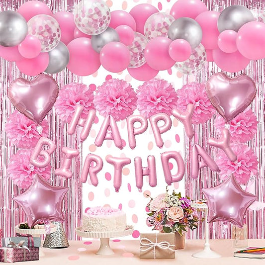 ZERODECO Pink Birthday Party Decorations, Happy Birthday Banner Pompoms Balloons Pink Fringe Curtain Party Décor for Baby Girls Women Party
