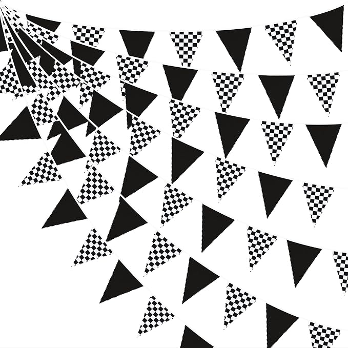 32Ft Racing Car Party Decorations Black White Checkered Race Car Triangle Banner Plaid Flag Pennant Fabric Garland Streamers for Kids Birthday Baby Shower NASCAR BBQ Bar Picnic Outdoor Decor Supplies