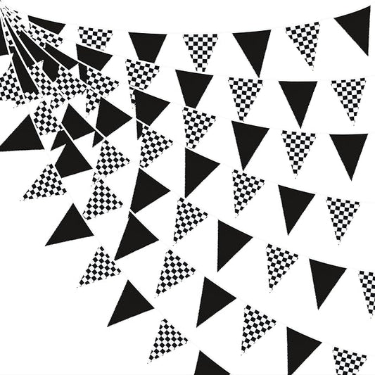 32Ft Racing Car Party Decorations Black White Checkered Race Car Triangle Banner Plaid Flag Pennant Fabric Garland Streamers for Kids Birthday Baby Shower NASCAR BBQ Bar Picnic Outdoor Decor Supplies