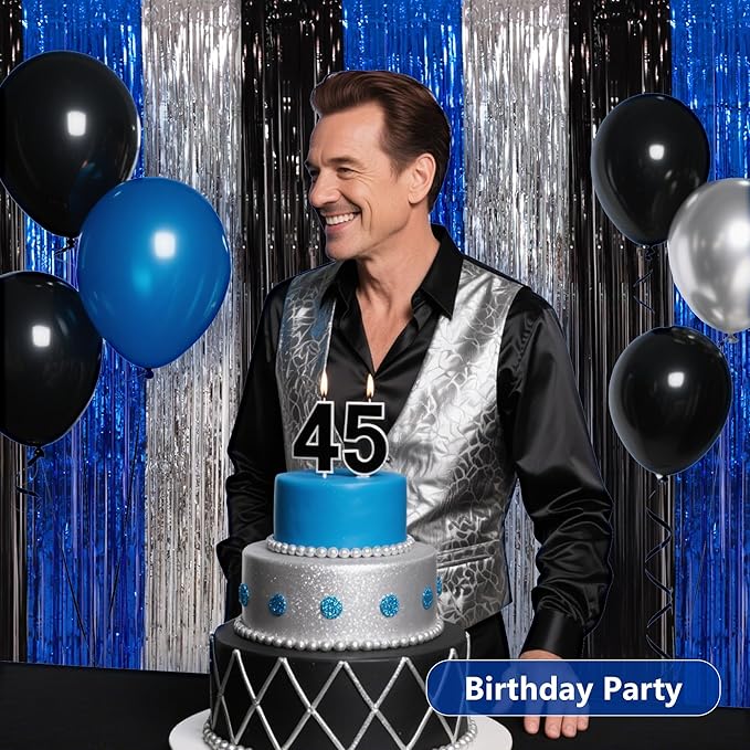 BEISHIDA 3Pcs Black Blue Silver Door Streamer Backdrop Foil Fringe Tinsel Curtains Backdrops for Boy Men Birthday Father's Day Baby Shower Bachelor Party Decoration (3.28 ft x 6.56 ft)