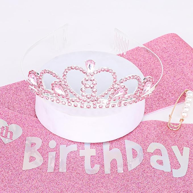 8th Birthday Crown & Sash Pink Birthday Decorations