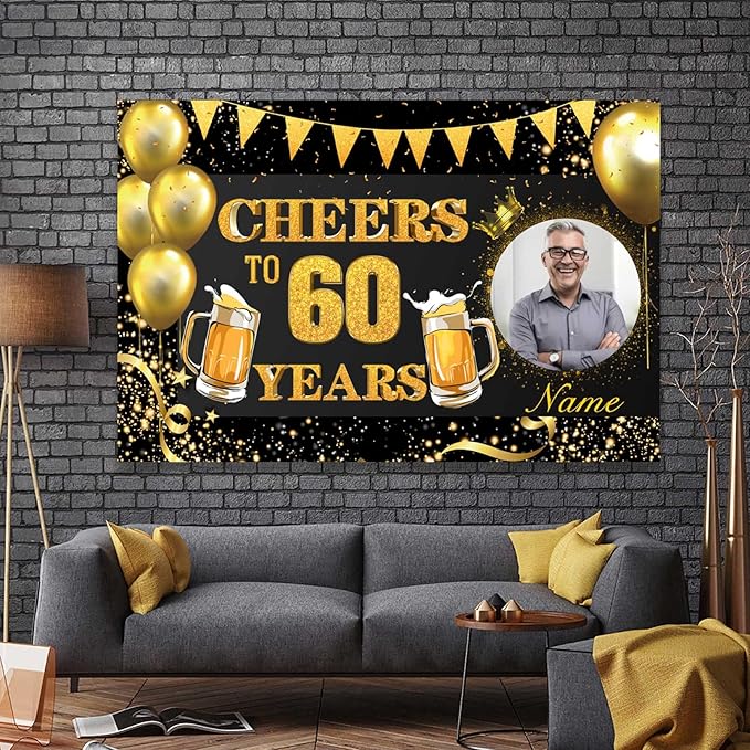 Custom 30/35/40/45/50/55/60/65/70/75/80/85/90/95/100th Black and Gold Happy Birthday Party Decorations Supplies Personalized Black and Gold Birthday Backdrop Banner(5x7.5ft)