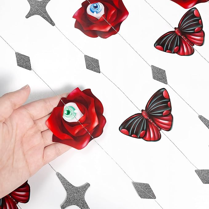 Cheerland Gothic Valentines Day Decorations Red Rose Goth Birthday Party Blood Butterfly Garland for Dark Garden Vampire Parties Romantic Floral Decor Elegant Horror Theme Dark Bride or Die Halloween