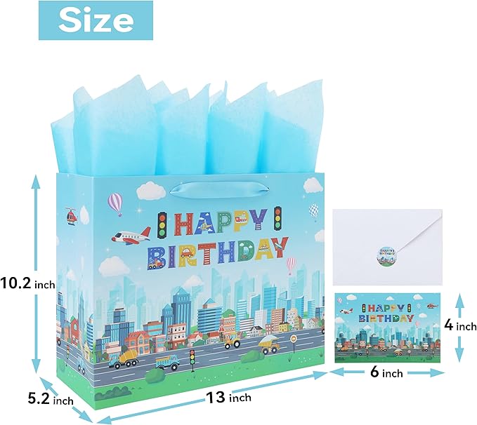 Qirrmiy 13'' Large Birthday Gift Bag Set with Handles, Greeting Card, Tissue Papers and Stickers for Boys', Girls', Kids' Party, Baby, Newborn, Birthday Design, 1 Pcs