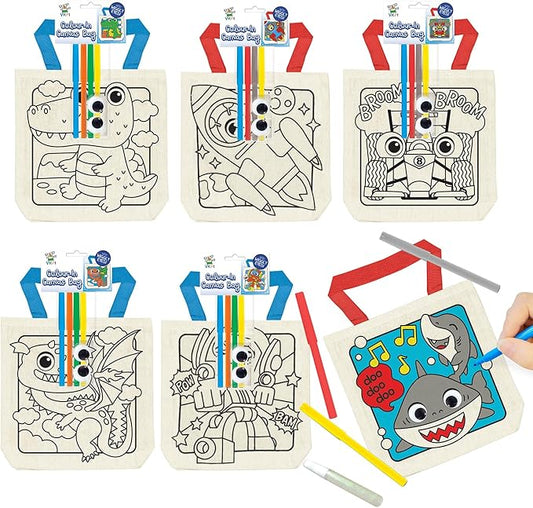 12 Pieces Kids Coloring Goodie Bags, Reusable Canvas Bag, Cute Art Party Favors, Color Your Own Bags for DIY Painting Birthday Carnival Celebration, Party Supplies Gift, Boys