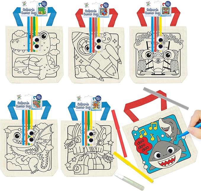 6 Pieces Kids Coloring Goodie Bags, Reusable Canvas Bag, Cute Art Party Favors, Color Your Own Bags for DIY Painting Birthday Carnival Celebration, Party Supplies Gift, Boys