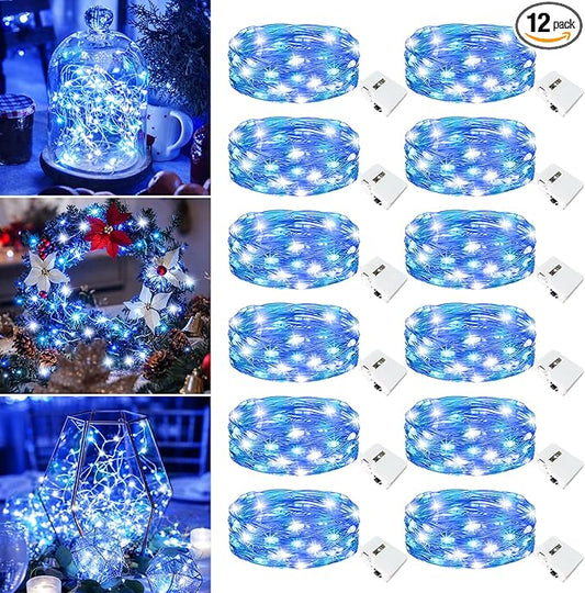 12 Pack Fairy Lights Battery Operated - 7ft 20 Led Twinkle Lights 3 Modes, Bulk Mini String Lights Waterproof for Mason Jars Vases DIY Party Wedding Decoration Christmas -Blue and White
