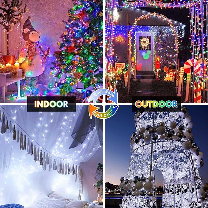 Cool White to Multicolor Color Changing 100 LED 33FT Connectable Christmas String Lights for Outdoor Indoor, 11 Modes Christmas Tree Clear Wire Fairy Waterproof Lights with Memory & Remote & Timer