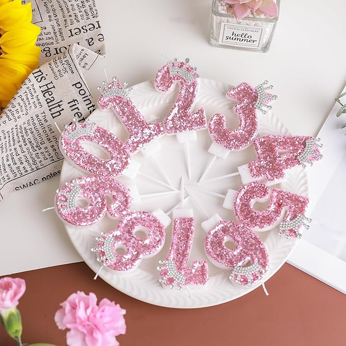 Birthday Number Candles,Pink Crown Birthday Candles for Cake,Glitter Number 7 Candle Cake Topper with Sequins for Girls,Women, Anniversary Celebrations Supplies (Pink 7)