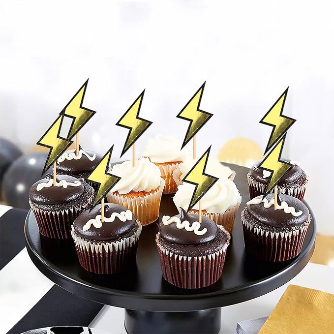 Ercadio 24 Pack Lightning Cupcake Toppers Glitter Black Yellow Cupcake Picks Smiley Assorted Cake Racing Car Theme Party For Girls Baby Shower Birthday Party Cake Decoration Supplies