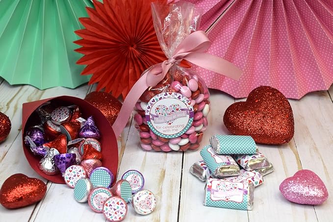 Sweetheart Pink & Purple Hearts Valentine's Day Birthday Party Sticker Bundle Kit 429 Pieces! Includes 2" Circle Stickers for Favors, Mini Candy Bar Wrappers & Round Candy Kiss Stickers