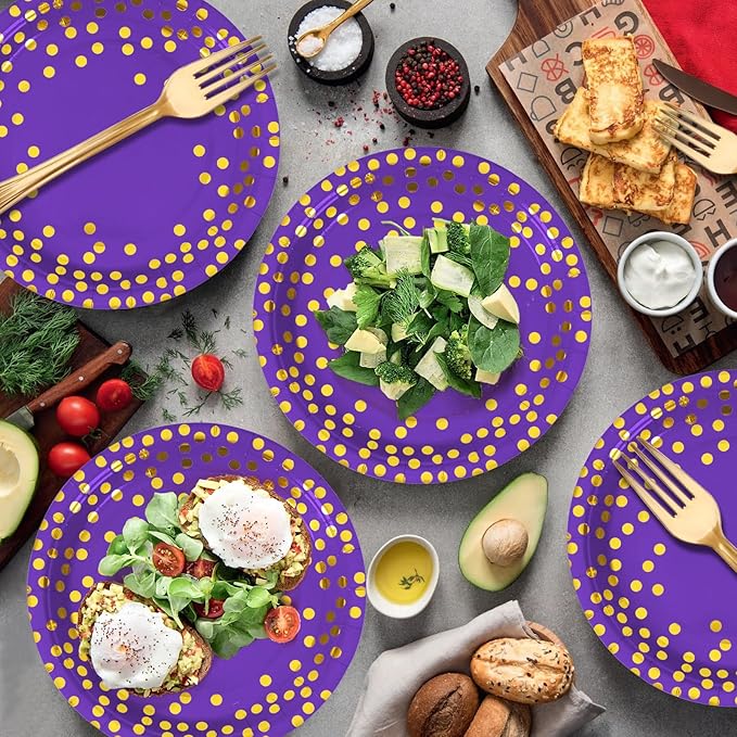 Purple and Gold Paper Tableware Set-150PCS-50 x 7'' Paper Dessert Plates & 50 x 6.5''Napkins & 50 x 7.3''Forks,Disposable Party Supplies for Birthdays,Graduation,Bridal Parties,Carnival
