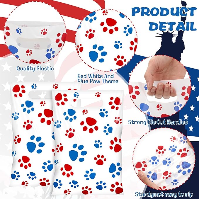 Pasimy 100 Pcs Dog Paw Gift Bags Bulk Pet Paw Puppy Plastic Treat Favor Candy Goodie Bags with Handle for Dog Birthday Party Decoration Supplies (Red White and Blue)