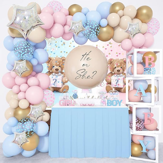 Amandir 164PCS Gender Reveal Balloon Boxes Decorations, Pink and Blue Balloon Garland Kit 4pcs Boxes with Letters (A-Z+Baby) for Baby Shower Birthday He or She Gender Reveal Party Supplies