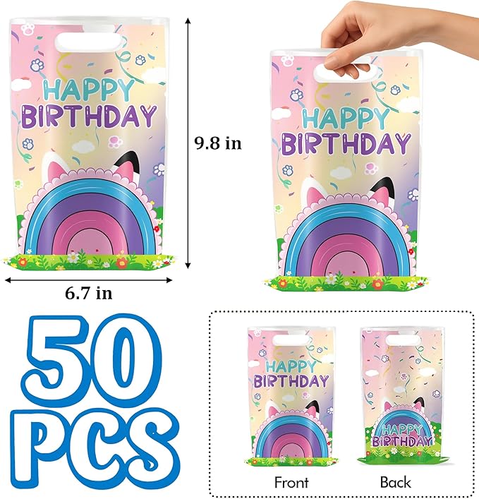Celmuron 50 Pack Cartoon Cat Party Gift Bags, Dollhouse Goody Party Favor Bags for Birthday Celebrations