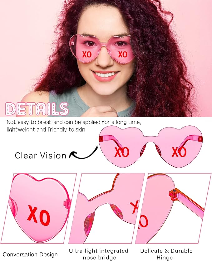 LEIFIDE 12 Pieces Valentine Heart Shape Rimless Fun Sunglasses Conversation Heart Glasses Eyewear for Wedding Party Favor