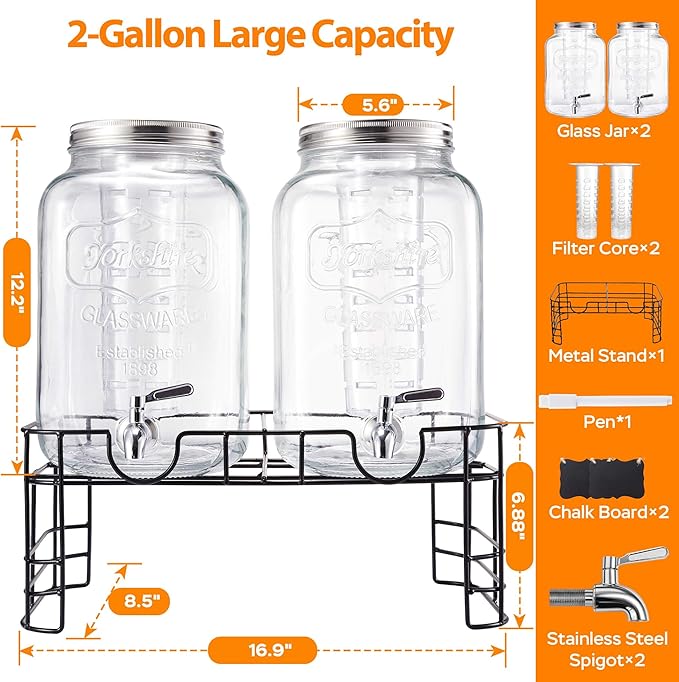 2 Gallon Large Glass Drink Dispenser Set, 2 Pack Beverage Dispensers with Stand & 18/8 Stainless Steel Spigot, Leakproof for Lemonade, Sun Tea & Iced Tea