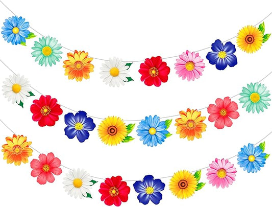 2pcs Colorful Daisy Flower Garland Banner, Spring Summer Floral Bunting Hanging Decor for Birthday Baby Shower Wedding Garden Tea Pool Party Supplies
