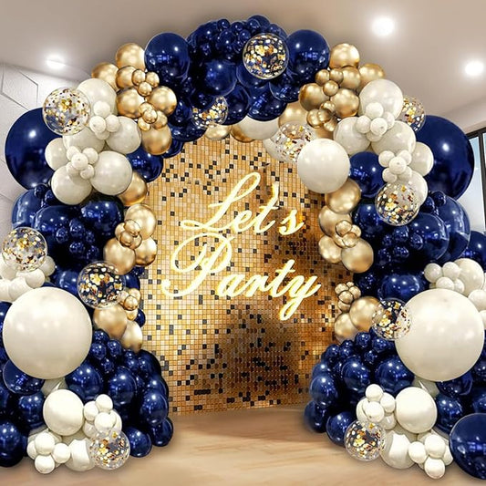 Navy Blue Gold Balloon Graland Arch Kit, Double Stuffed Pearl White Royal Blue Chrome Gold with Confetti Balloons for New Year Graduation Birthday Wedding Party Decorations