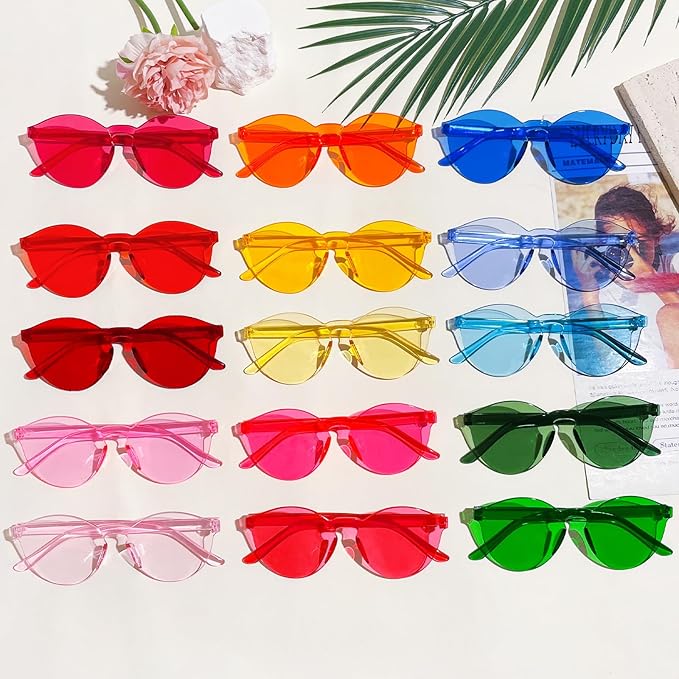 SUNOVELTIES 18/40 Pack Round Shaped Rimless Sunglasses Transparent Candy Color Party Glasses Colored Eyewear for Women