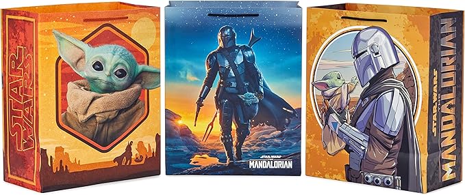 Hallmark Star Wars The Mandalorian 13" Large Gift Bag Bundle (3 Bags: Baby Yoda, The Mandalorian, Grogu) for Birthdays, Christmas, Father's Day, May the 4th