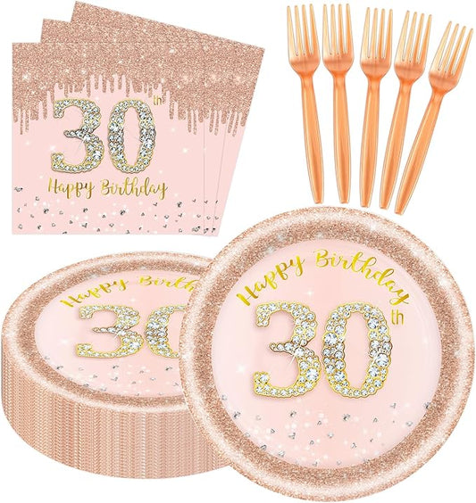 60 PCS 30th Birthday Decorations for Women, 30th Birthday Plates and Napkins Rose Gold Disposable Tableware Set Party Supplies for Women Cheers to 30 Years Anniversary (30TH)
