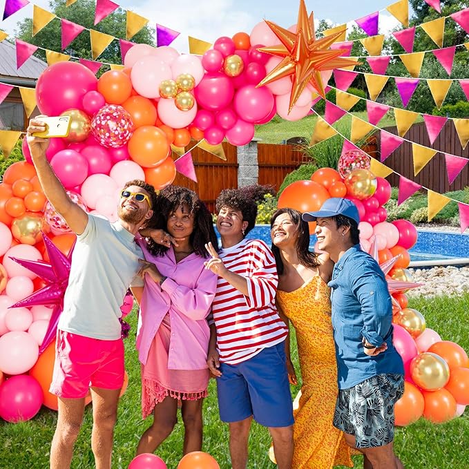 Pink and Orange Balloon Arch Kit with Hot Pink Orange Metallic Gold Latex Balloons Garland kit 18 12 10 5Inch Different Size Balloons for Birthday Baby Shower Wedding Summer Party Decorations