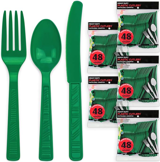 DecorRack Plastic Cutlery Set, Green Colored Plastic Silverware Sets for Parties, 240 Piece Bulk Heavy Duty Utensils (Green, 240 Pieces)