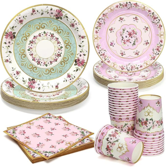 96pcs Tea Party Plates and Napkins Cups Fancy Paper Plates Round Disposable Tableware Set for 24 Guest Gold Border Retro Gorgeous Picnic Wedding Kids Birthday Party Supplies Decorations