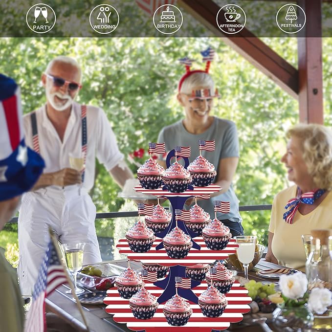 Patriotic Cupcake Stand, 3-Tier Red White Blue Cardboard Dessert Tower, Independence Day Memorial Veterans Day Party Decorations, American Flag Theme Dessert Display (2-Pack)
