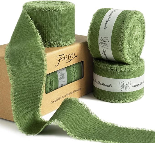 Moss Green Cotton Ribbon 1-1/2 Inch Moss Green 3 Rolls 21 Yards Frayed Edge Fabric Set for Rustic Wedding Decor, Bridal Bouquet Wrap, Woodland Theme Party, Baby Shower & Wreath Making