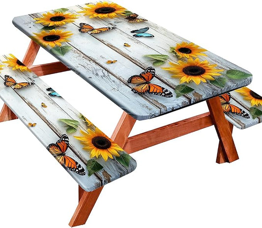 Picnic Table Cover with Bench Covers 72IN 6FT, Camping Essentials Tablecloth Waterproof Oilproof with elastic Edge for Indoor Outdoor Patio (Sunflower Wood Grain)